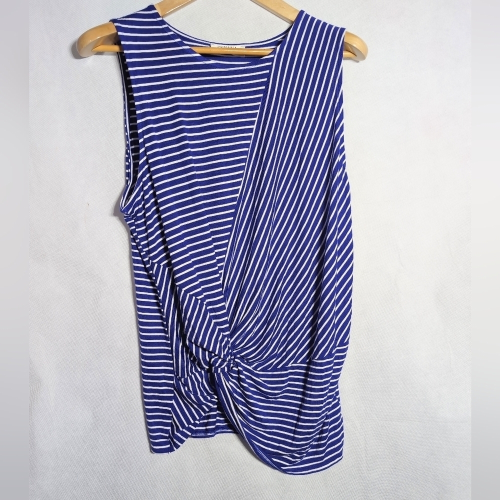 Zenana Outfitters Navy Striped Knot Tank Top